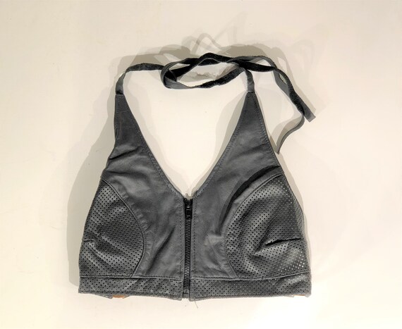 1990s black leather halter top - size small - vint