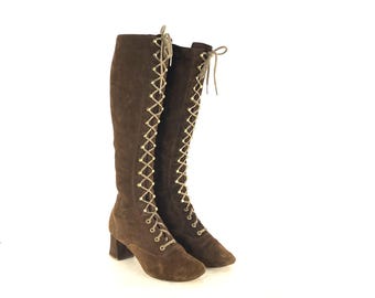 Botas vintage de ante con cordones de los años 70 - Marrón oscuro estilo bohemio - Talla 7.5