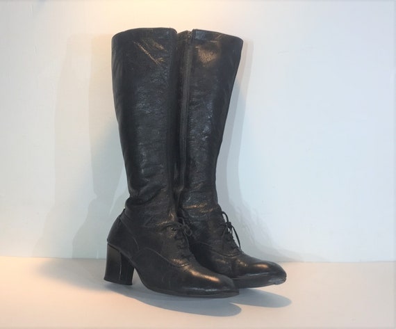 1960s black leather lace up boots - size 10 - 1960