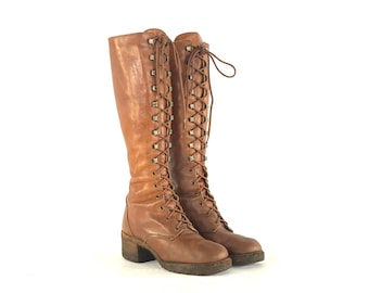 Botas de cuero con cordones Zodiac vintage de los años 70 para invierno: ganchos cuadrados, suela de crepé, talla 5.5
