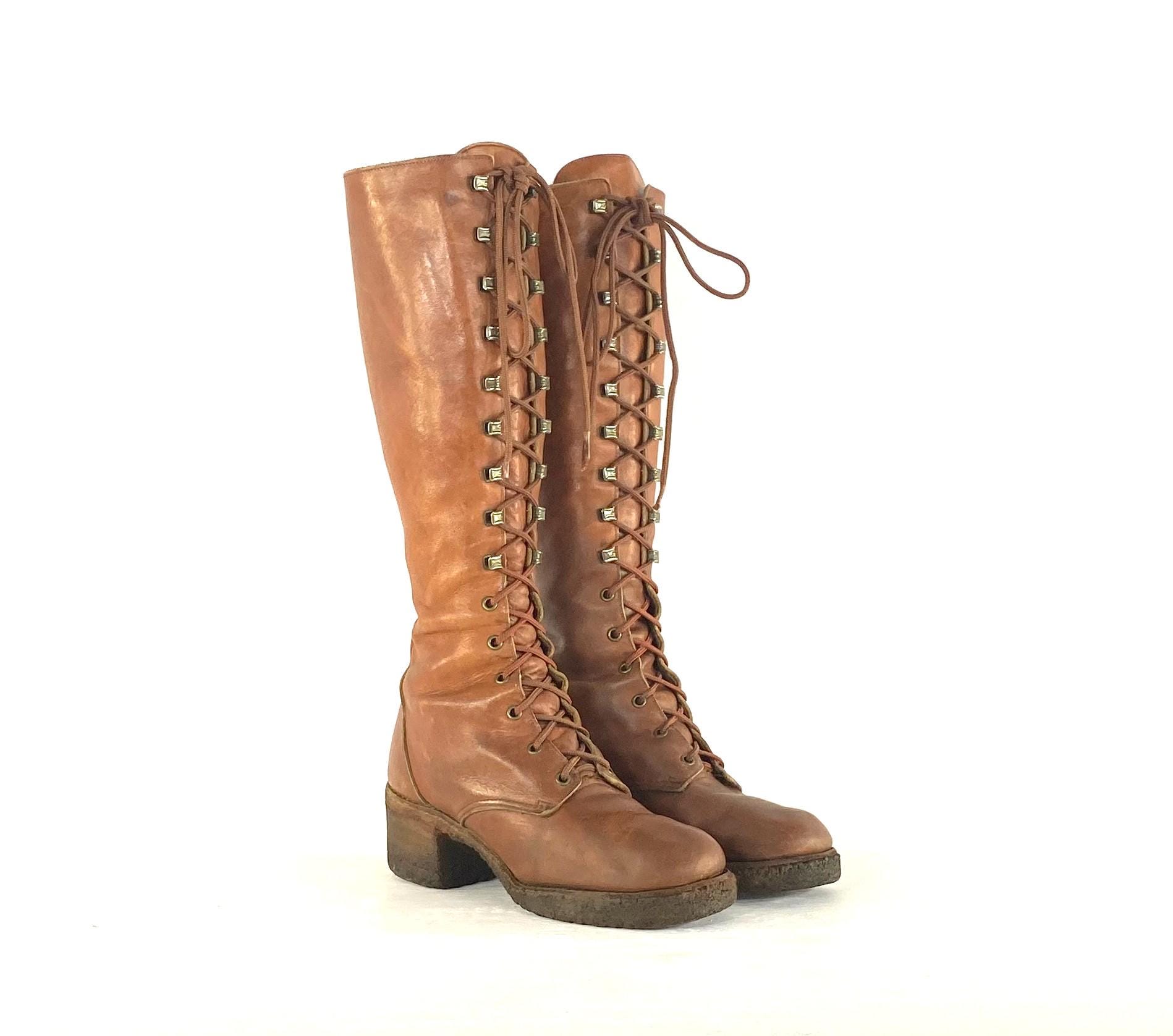 1970s Zodiac Vintage Leather Lace-up Boots for Winter: Square