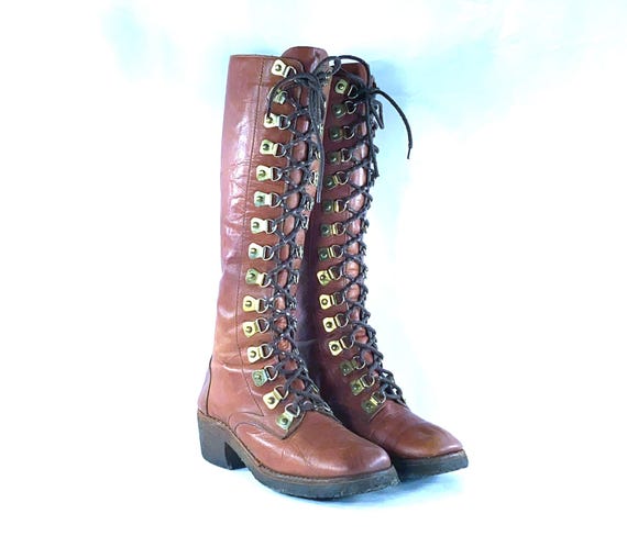 1970s Leather Campus Lace up Boots - Size 7 - 1970s Lace up