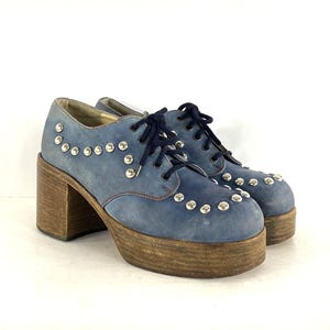 1970er Jahre Denim Nieten Plateau Schuhe - Damen Größe 9,5 - 1970er Jahre Plateau Schuhe mit Holz Absatz - 1970er Jahre Plateau Schuhe - 1970er Jahre Vintage Plateau Schuhe