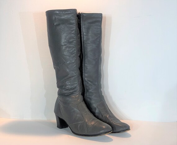 1970s grey leather boots - size 9.5 - 1970s leathe