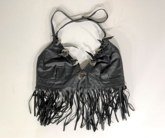 1990s black leather halter top - size small - vint