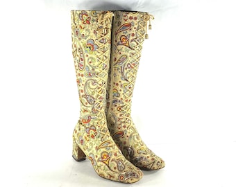 1960s Beth Levine paisley boots - size 7.5 - 1960s lace up boots - 1960s lace-up boots with unique paisley pattern - 1960s hippie boots