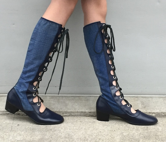 lacets gladiateur bottes bottes 8 bottes mod 1960 années gogo 1960 demim de années 1960 années à lacets gogo taille bottines bleu bottes c4RjL35Aq