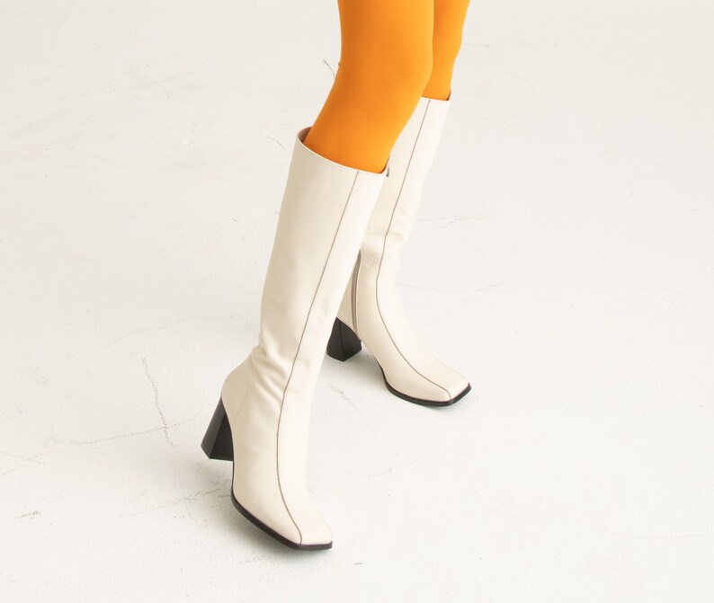 1960s style boots all sizes 1960s mod leather boots with squared toe handmade go go boots 1990s style white leather boot 60s boots image 1