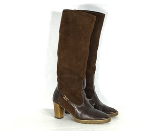 Botas ecuestres de los años 70: tacón alto de ante y cuero marrón, talla 8