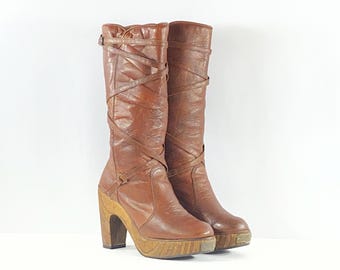 1970s Zodiac Leather Platform Boots: Brown Tiger Wood Heel, Size 7