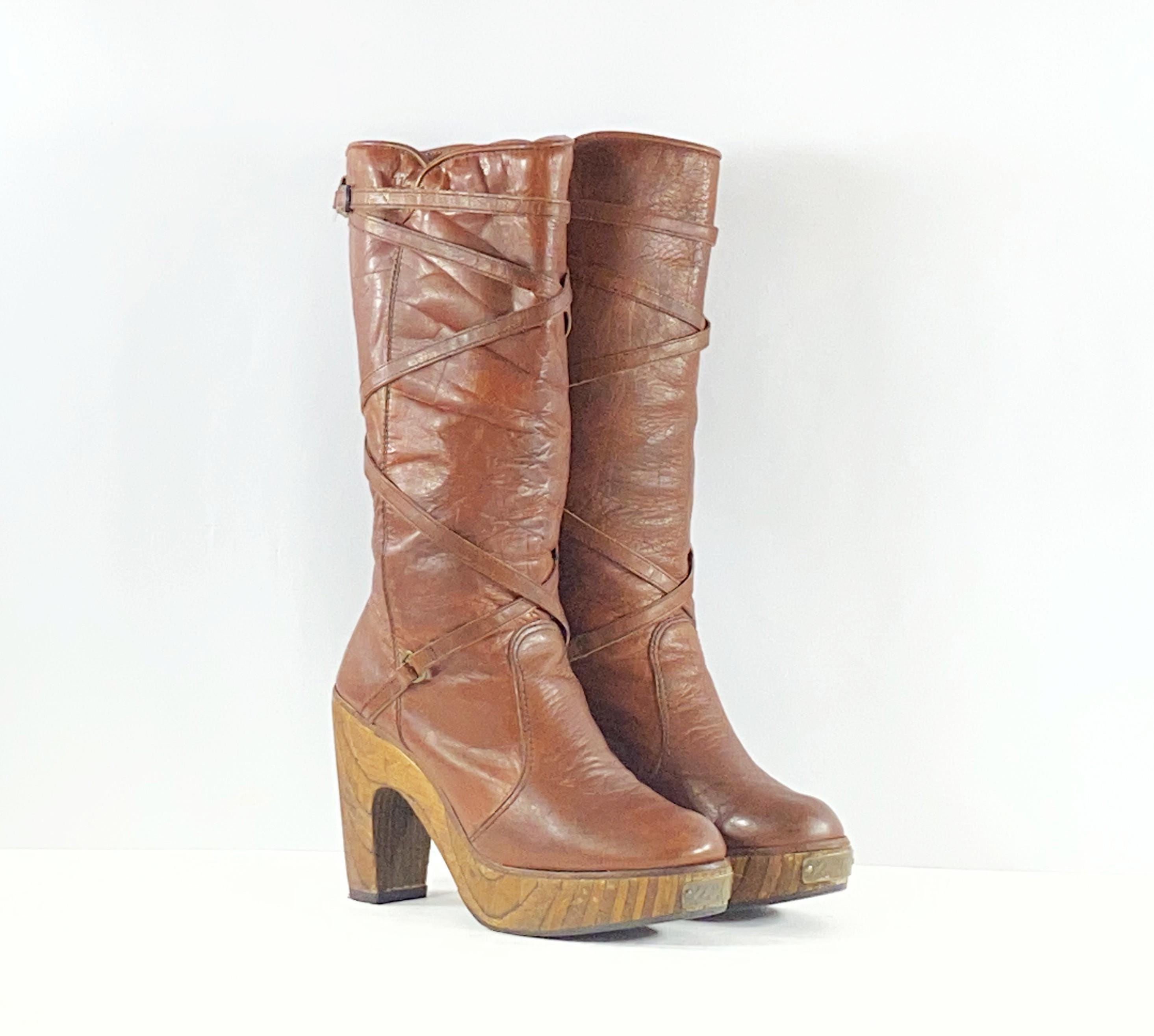 1970s Zodiac Leather Platform Boots: Brown Wood Heel, Size 5.5