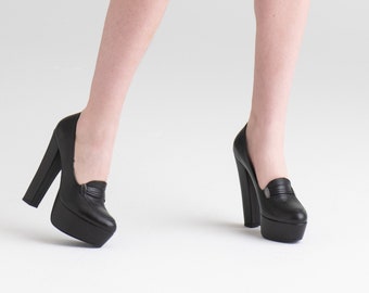 Mocasines de plataforma de cuero estilo años 70 negros - Todas las tallas - Zapatos de tacón alto hechos a mano