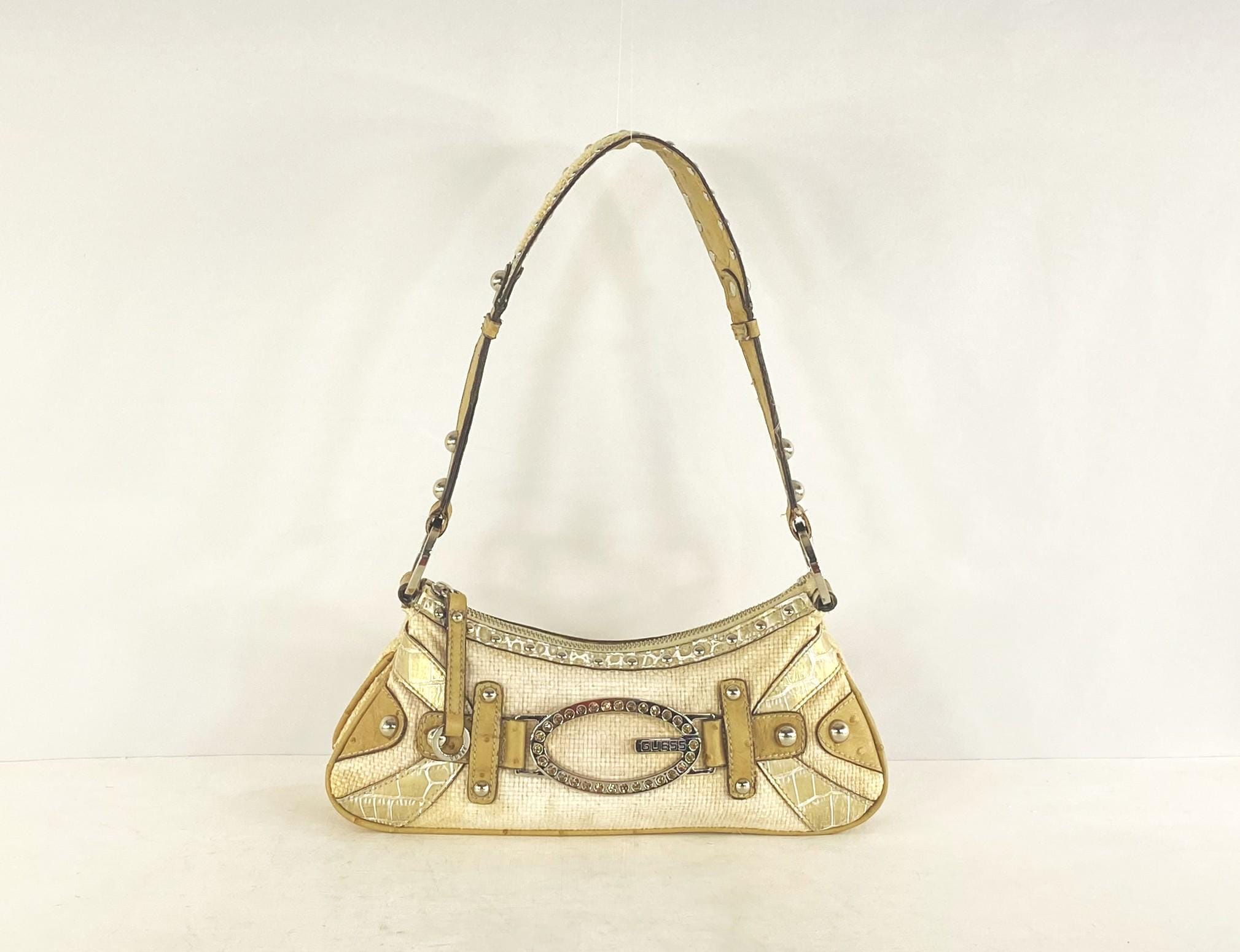 Y2K Guess Silver Croc Baguette: Rhinestone Monogram, Chrome