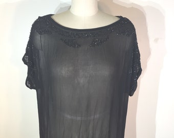 1920s black silk embroidered dress - large - 1920s art deco beaded dress - 1920s black beaded silk dress - 1920s dress - 1920s silk dress