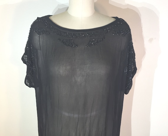 1920s black silk embroidered dress - large - 1920s