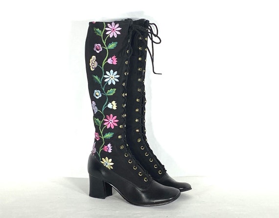 1960s black embroidered lace up boots - size 6 - … - image 1