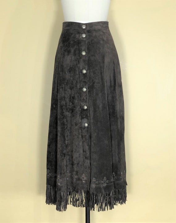 suede fringe skirt brown suede skirt 1990s brown suede hand painted Western-style with skirt- small- Cottagecore skirt hippie skirt