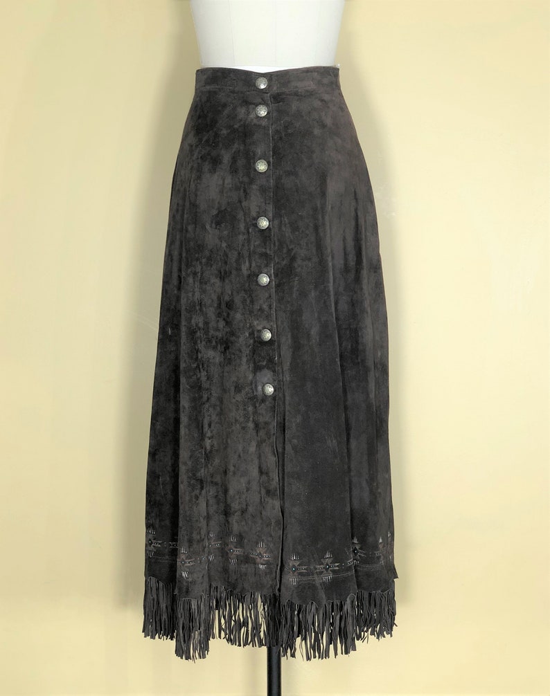 suede fringe skirt brown suede skirt 1990s brown suede hand painted Western-style with skirt- small- Cottagecore skirt hippie skirt