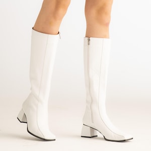 1960s style go go boots - vintage go go boots - all sizes - mod leather boots with squared toe & medium flared heel - handmade white boots