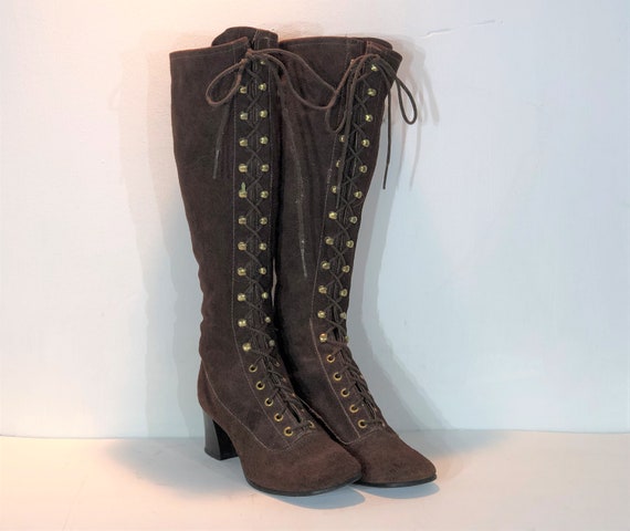 1960s brown suede lace up boots - size 7.5 - 1960s