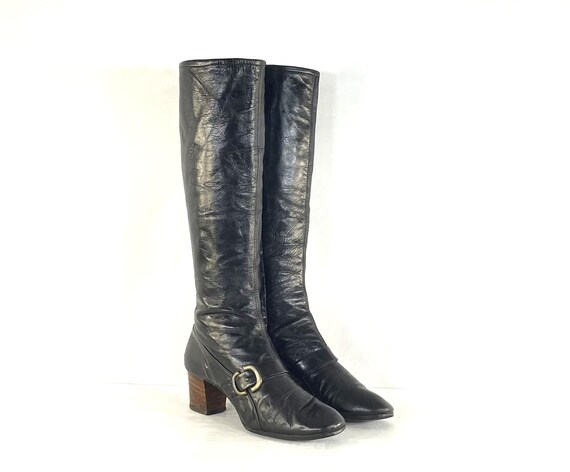1970s Black Leather Boots - Size 7aa