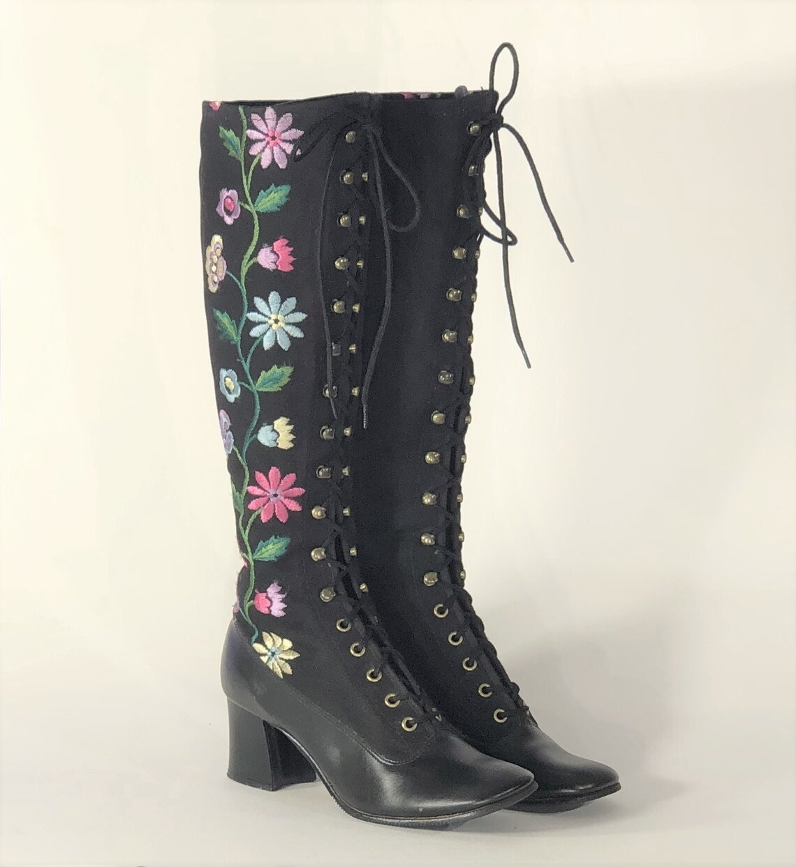 1960s Black Embroidered Lace up Boots Size 6 1960s Lace up Etsy