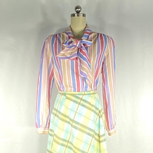 1970s striped pussybow blouse - medium - 1970s secretary blouse - 1970s purple, coral, pink, and tan striped blouse - 1970s pastel blouse