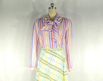 1970s Striped Pussybow Blouse: Pastel Secretary Style - Medium