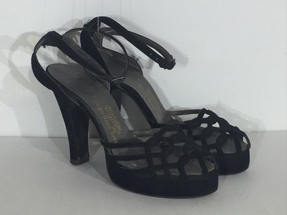 1940s black suede platform sandal with front buckl