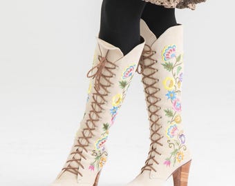 1960s Embroidered Suede Boots - All Sizes - Beige Lace-up - Jerry