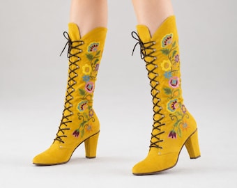 1960s Embroidered Suede Lace-Up Boots - Muted Yellow - All Sizes - Jerry Edouard Style