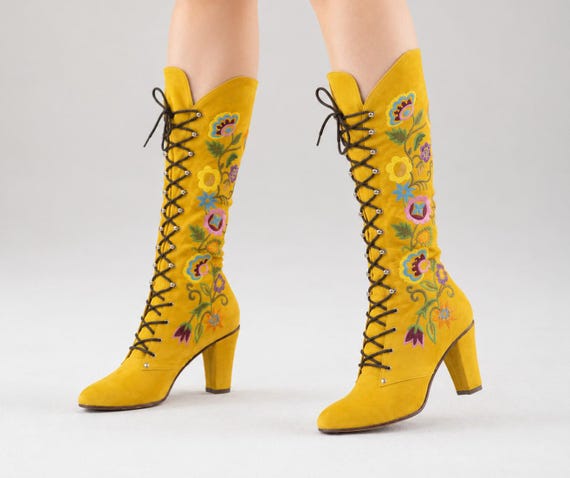 1960s Embroidered Suede Lace-up Boots - Muted Yellow - All Sizes