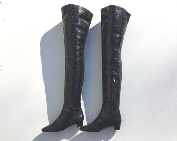 1960s black vinyl faux croc over the knee boots -… - image 1