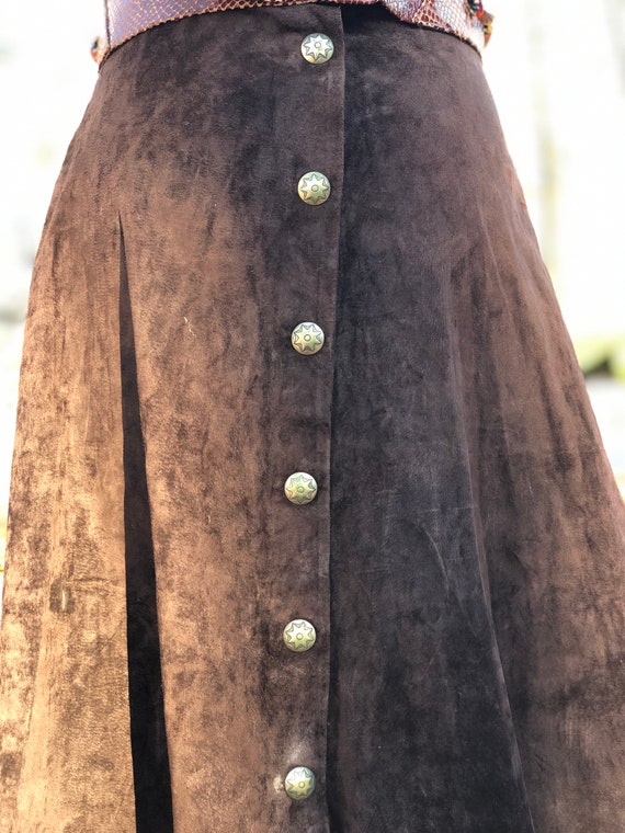 suede fringe skirt brown suede skirt 1990s brown suede hand painted Western-style with skirt- small- Cottagecore skirt hippie skirt