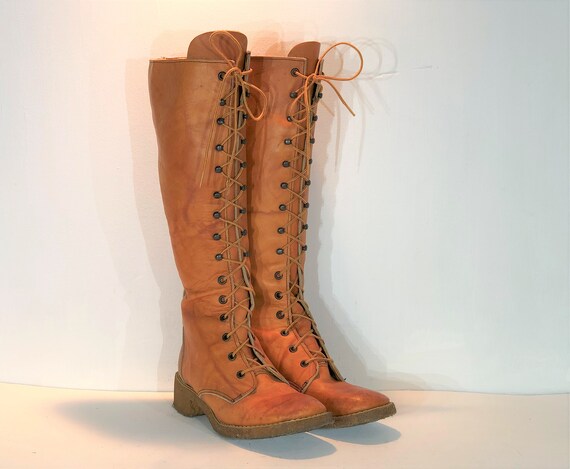 1970s Campus lace up boots - size 9 - 1970s cognac