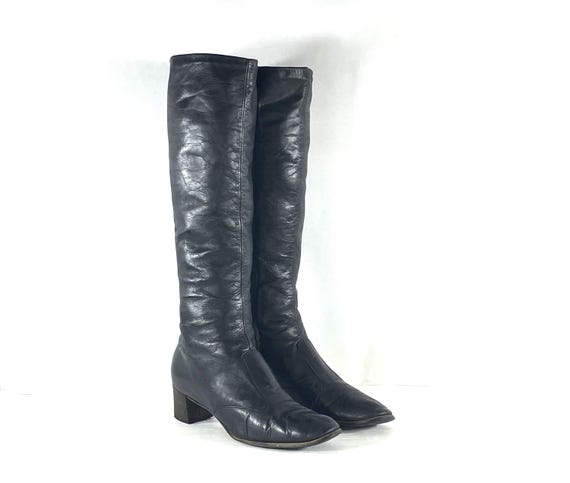 1970s Leather Boots:  Vintage black dress boots, Size 8.5