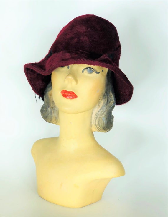 1960s felt fedora - size 22 - 1960s maroon cloche… - image 8