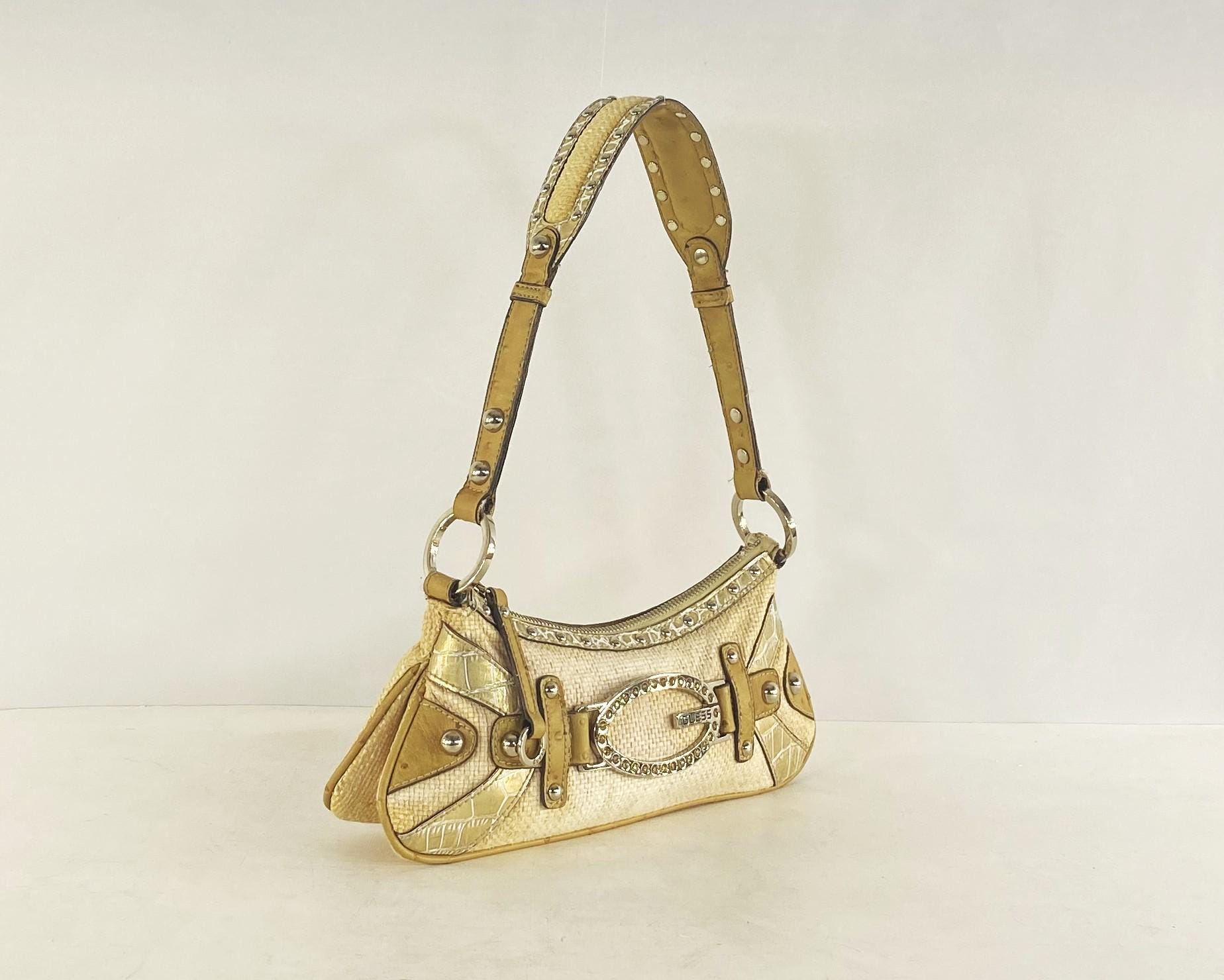 Y2K Guess Silver Croc Baguette: Rhinestone Monogram, Chrome