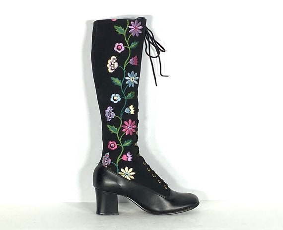 1960s black embroidered lace up boots - size 6 - … - image 2