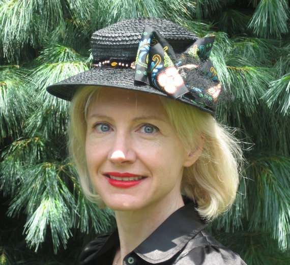 1940s black straw cap with large fabric bow
