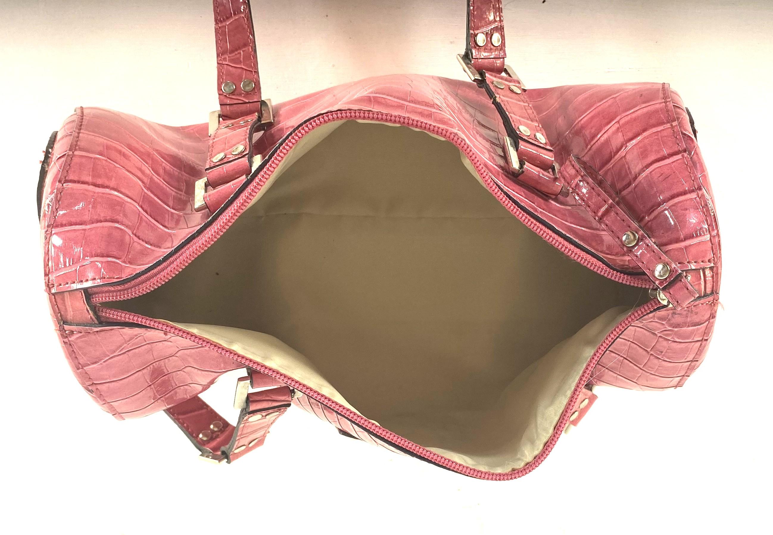 Vintage Guess Y2K Pink Vinyl Faux Croc Barrel Bag With Chrome