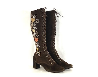 Botas con cordones de ante marrón vintage de los años 60 - Botas bordadas estilo Jerry Edouard, talla 8