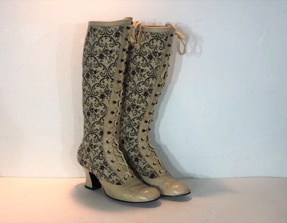 1960s tan tapestry and leather lace up boots - siz