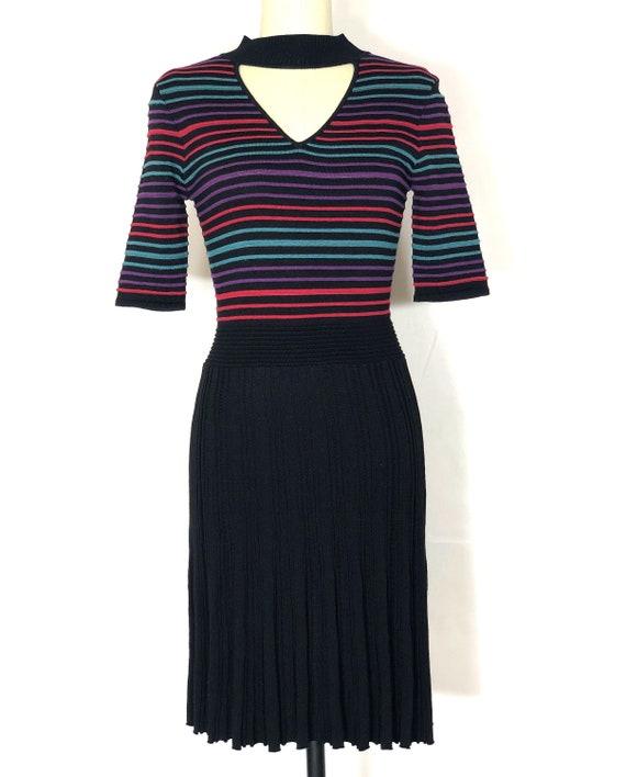 1990s black striped knit dress - medium - 1990s k… - image 1