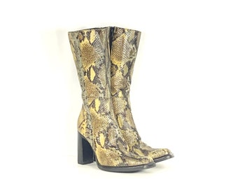 1990s faux python boots - size 6.5 - 1990s python ankle boots - 1990s light brown calf boots with block heels - 1990s faux snakeskin boots