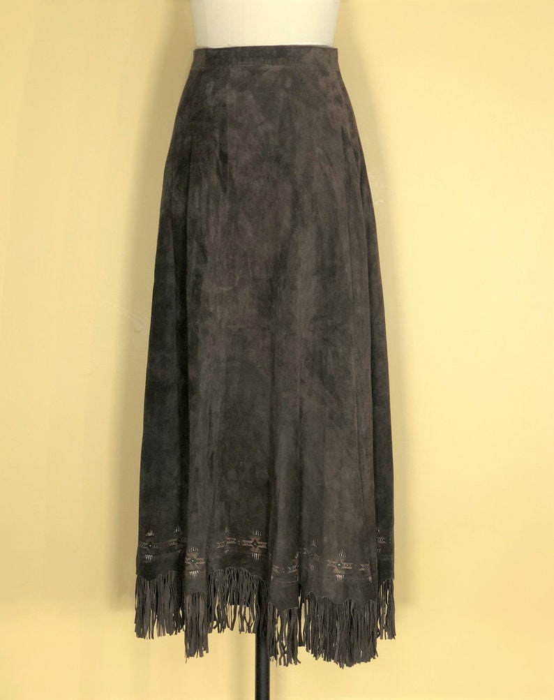 suede fringe skirt brown suede skirt 1990s brown suede hand painted Western-style with skirt- small- Cottagecore skirt hippie skirt