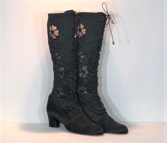 1960s black satin embroidered mint boots - size 8.
