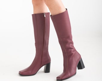 1960s style boots - all sizes - 1960s mod leather boots with squared toe - handmade go go boots - 1990s style berry/burgundy leather boots