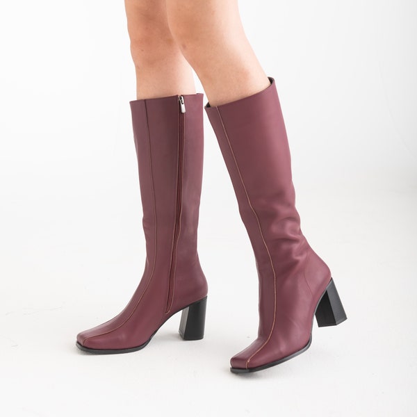 1960s style boots - all sizes - 1960s mod leather boots with squared toe - handmade go go boots - 1990s style berry/burgundy leather boots