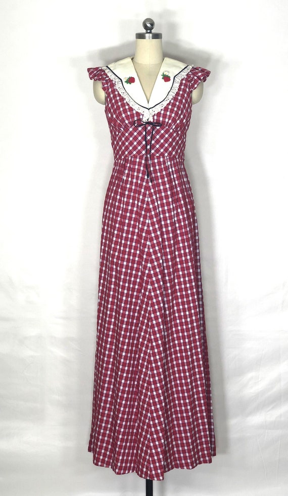 1970s red and white checked maxi dress - small - … - image 1